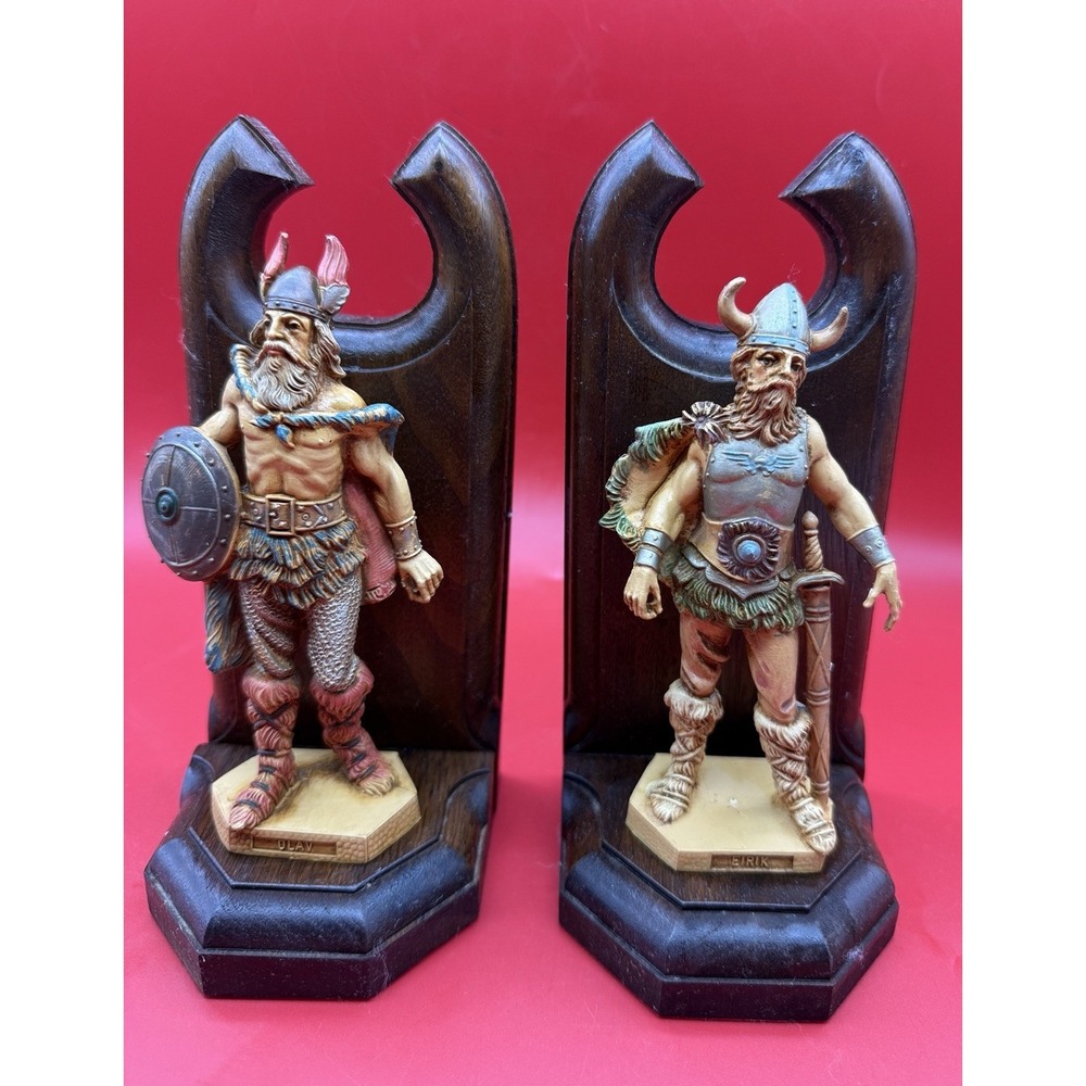 Vintage Depose Italy Viking Warriors Olav & Erik Figurine Bookends 8" Tall